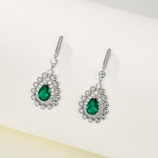 2 Ct Pear Shaped Lab Emerald Earrings| Rhodium-Plated S925 Silver, Custom Available