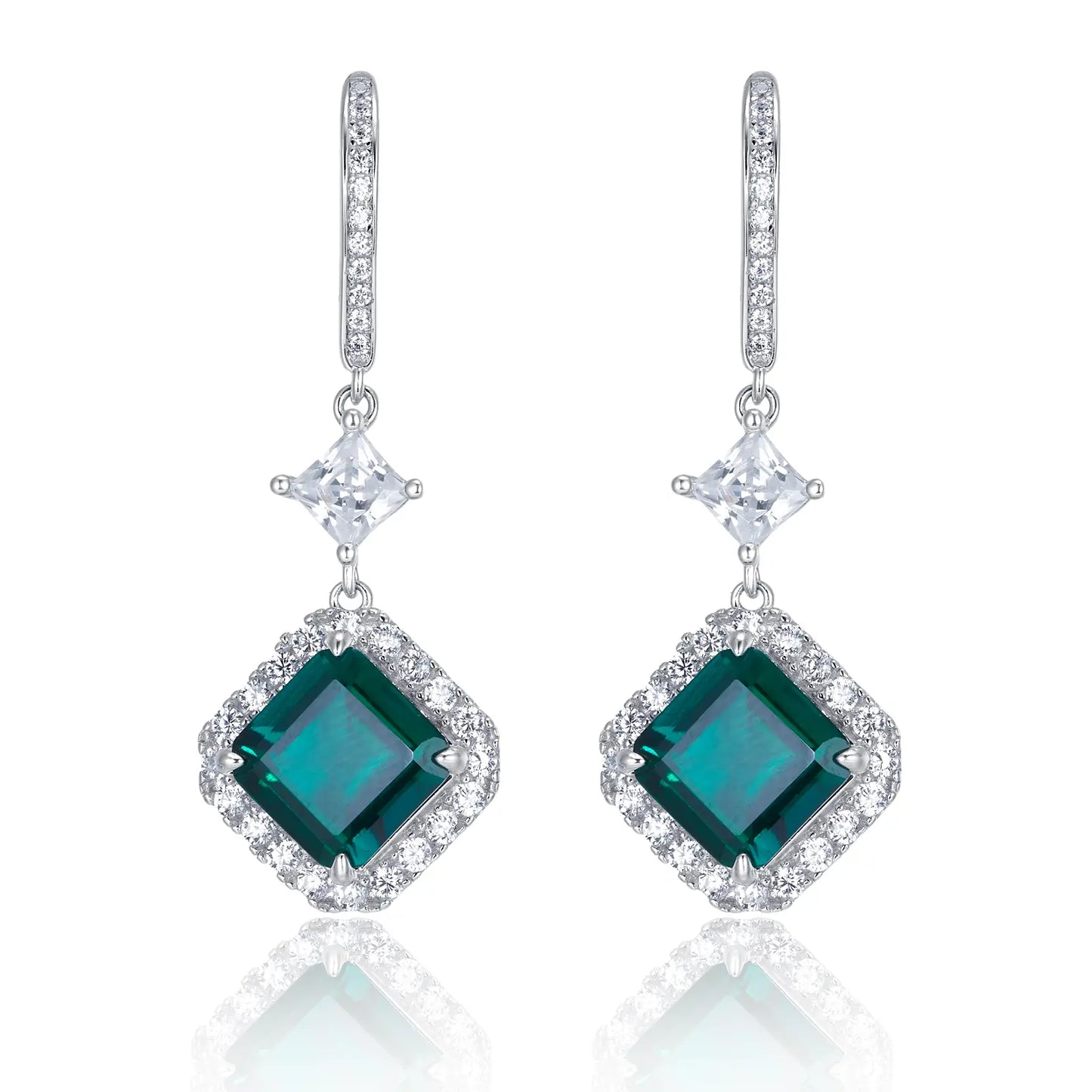 3.9 Ct Square Lab Emerald Earrings| Rhodium-Plated S925 Silver, Custom Available