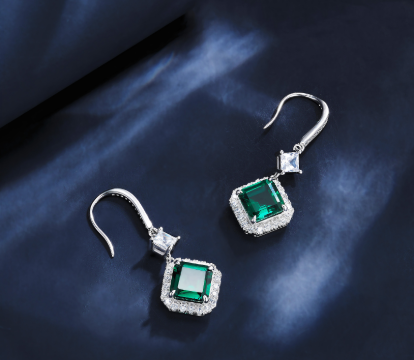 3.9 Ct Square Lab Emerald Earrings| Rhodium-Plated S925 Silver, Custom Available