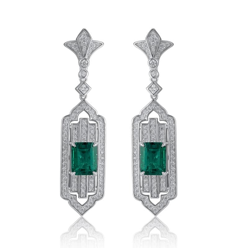 3.65 Ct Rectangular Lab Emerald Earrings| Rhodium-Plated S925 Silver, Custom Available