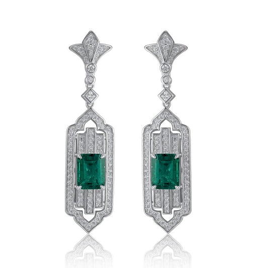 3.65 Ct Rectangular Lab Emerald Earrings| Rhodium-Plated S925 Silver, Custom Available