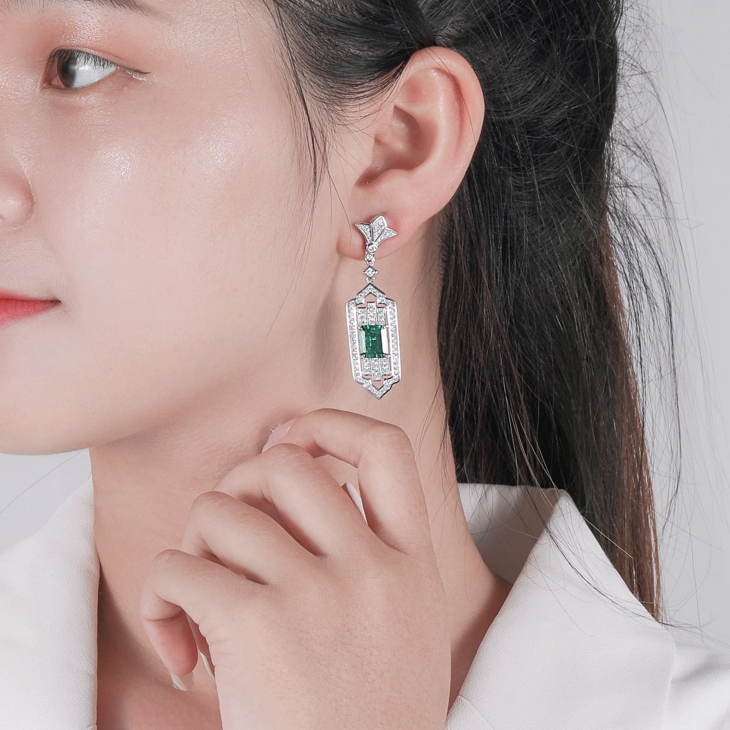 3.65 Ct Rectangular Lab Emerald Earrings| Rhodium-Plated S925 Silver, Custom Available