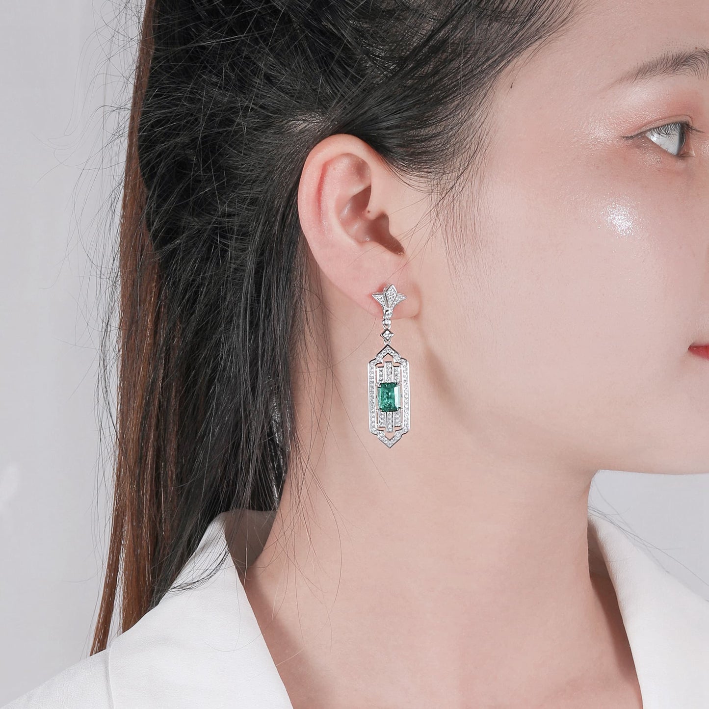 3.65 Ct Rectangular Lab Emerald Earrings| Rhodium-Plated S925 Silver, Custom Available