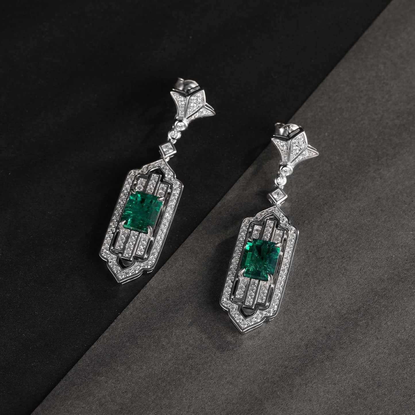 3.65 Ct Rectangular Lab Emerald Earrings| Rhodium-Plated S925 Silver, Custom Available