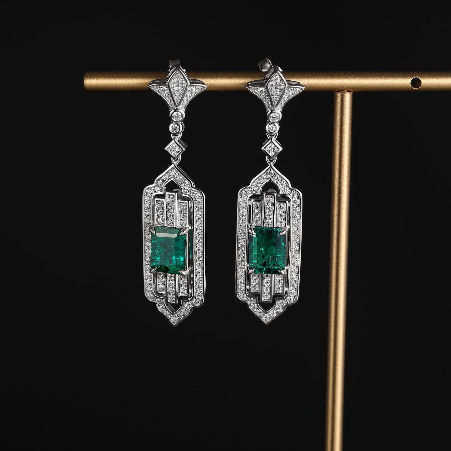 3.65 Ct Rectangular Lab Emerald Earrings| Rhodium-Plated S925 Silver, Custom Available