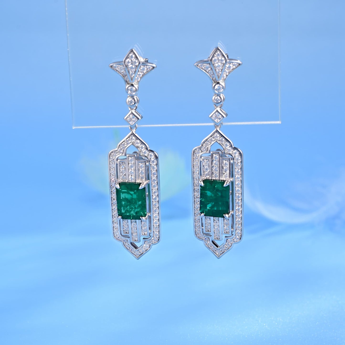 3.65 Ct Rectangular Lab Emerald Earrings| Rhodium-Plated S925 Silver, Custom Available