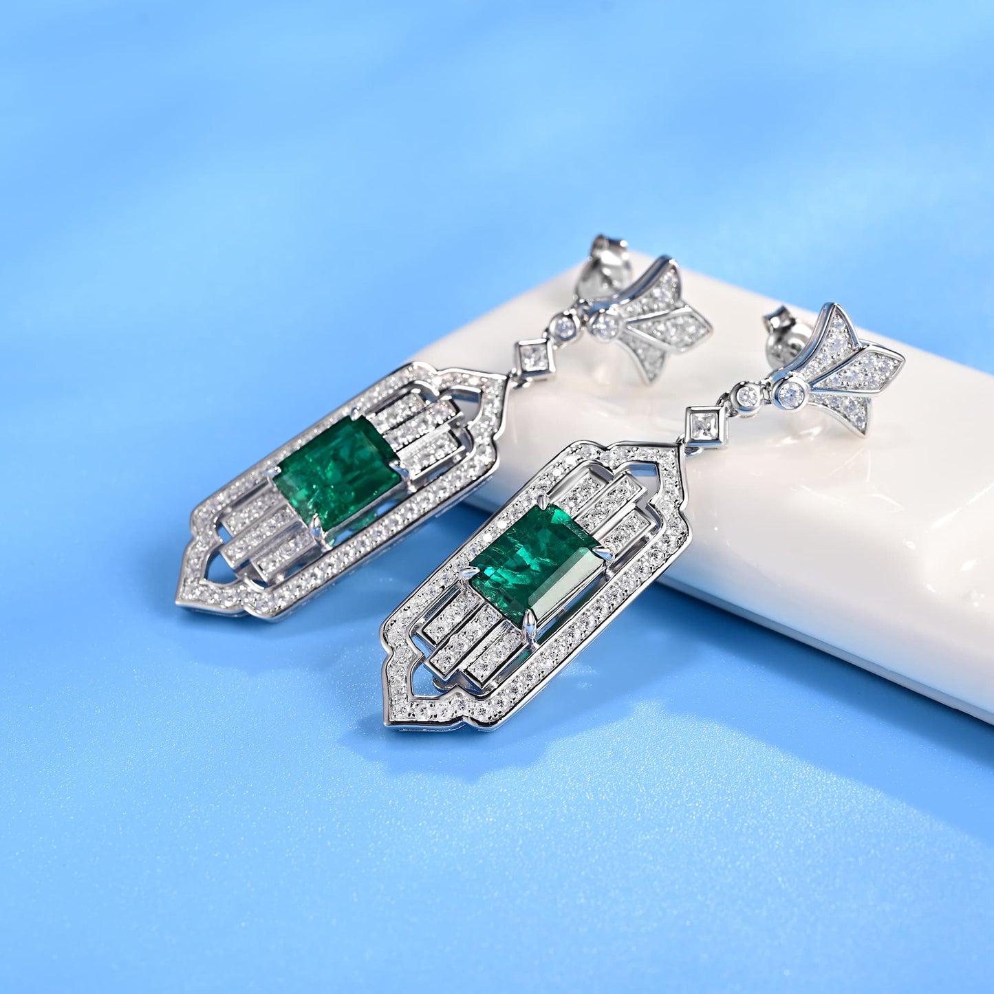 3.65 Ct Rectangular Lab Emerald Earrings| Rhodium-Plated S925 Silver, Custom Available