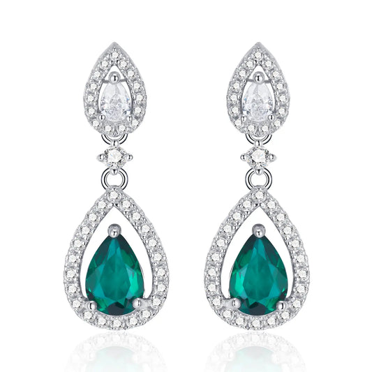 5*7MM 0.85 Ct Pear Shaped Lab Emerald Earrings| Rhodium-Plated S925 Silver, Custom Available