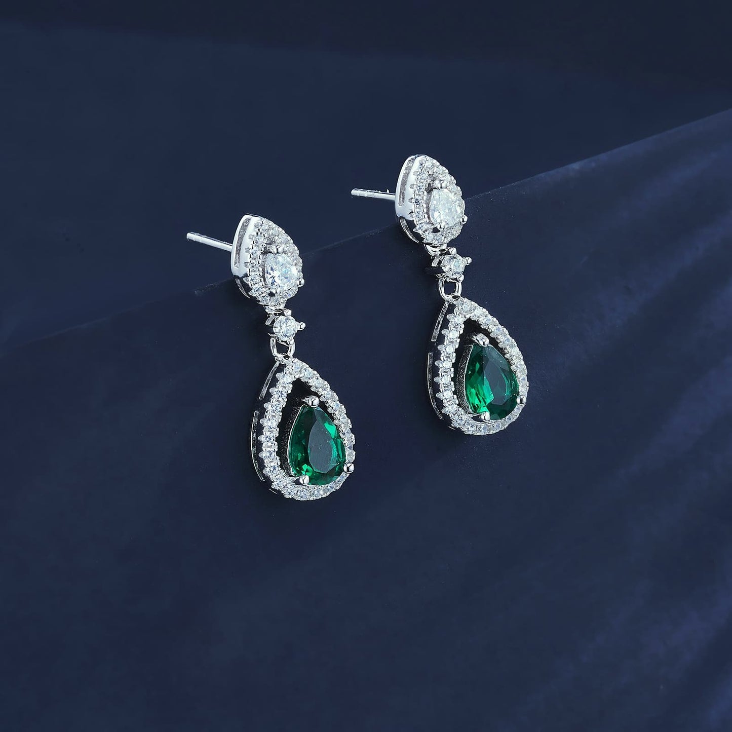 5*7MM 0.85 Ct Pear Shaped Lab Emerald Earrings| Rhodium-Plated S925 Silver, Custom Available
