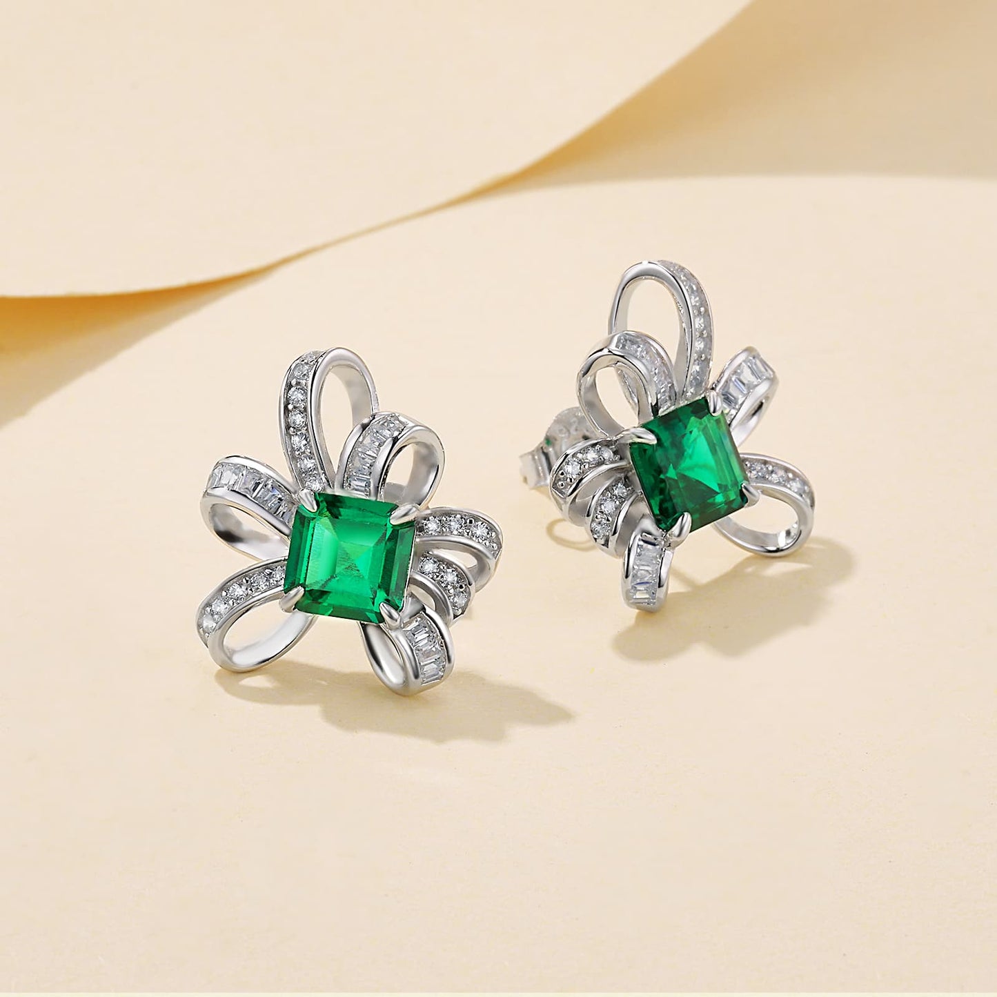 2 Ct Square Lab Emerald Earrings| Rhodium-Plated S925 Silver, Custom Available
