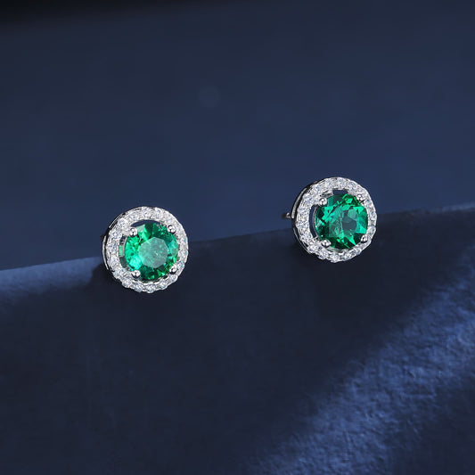 1 Ct Round Lab Emerald Earrings| Rhodium-Plated S925 Silver, Custom Available