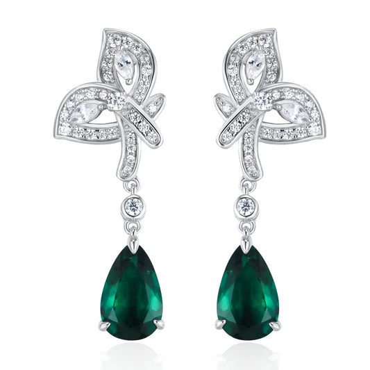 7*11 MM Pear Shaped Lab Emerald Earrings | Rhodium-Plated S925 Silver, Custom Available