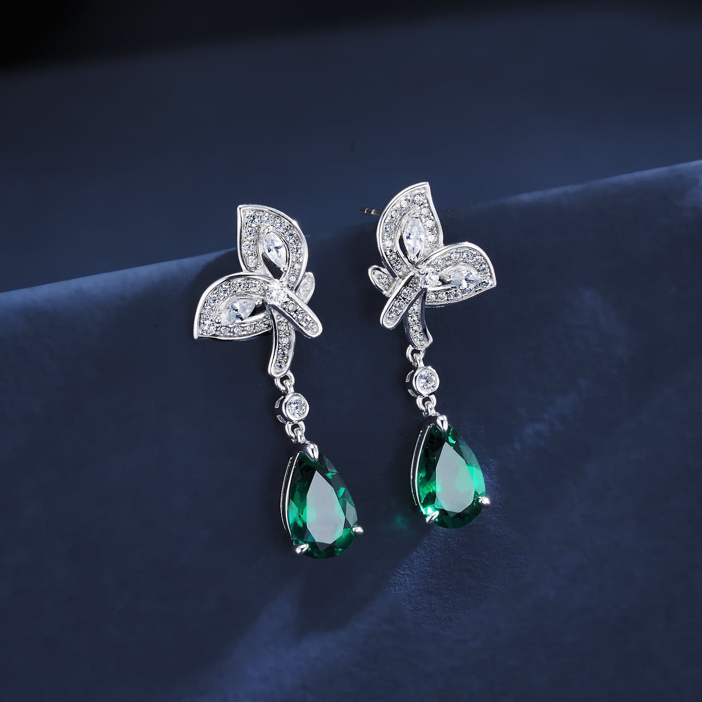 7*11 MM Pear Shaped Lab Emerald Earrings | Rhodium-Plated S925 Silver, Custom Available