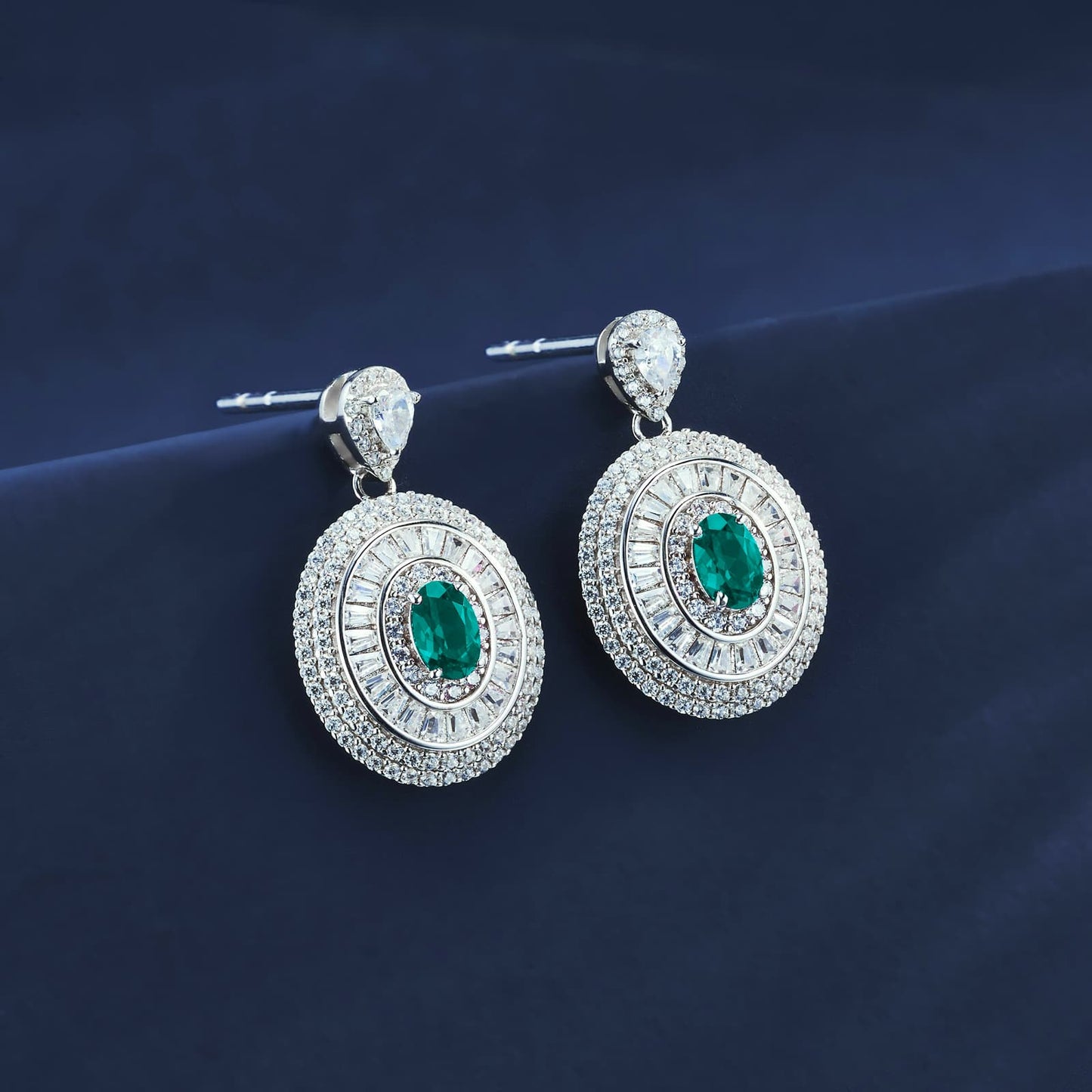 Oval Lab Emerald Earrings | Rhodium-Plated S925 Silver, Custom Available
