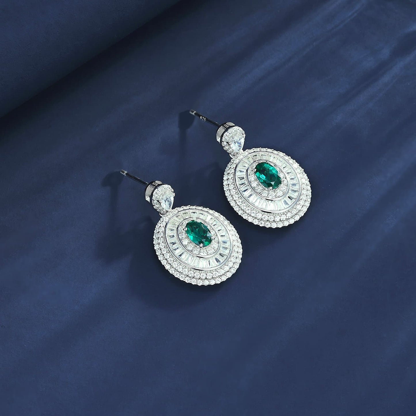 Oval Lab Emerald Earrings | Rhodium-Plated S925 Silver, Custom Available