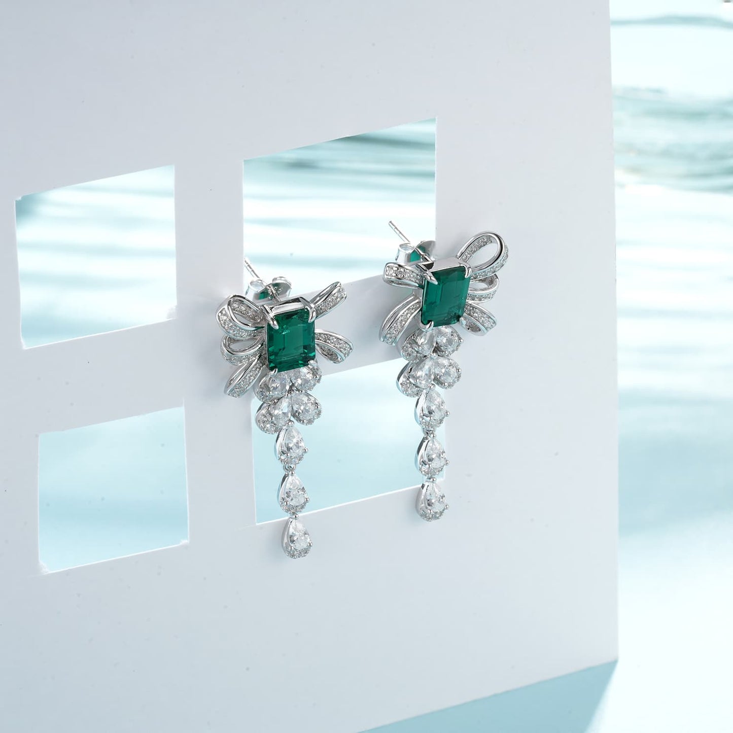 6*8MM 2.28 Ct Rectangle Lab Emerald Earrings| Rhodium-Plated S925 Silver, Custom Available