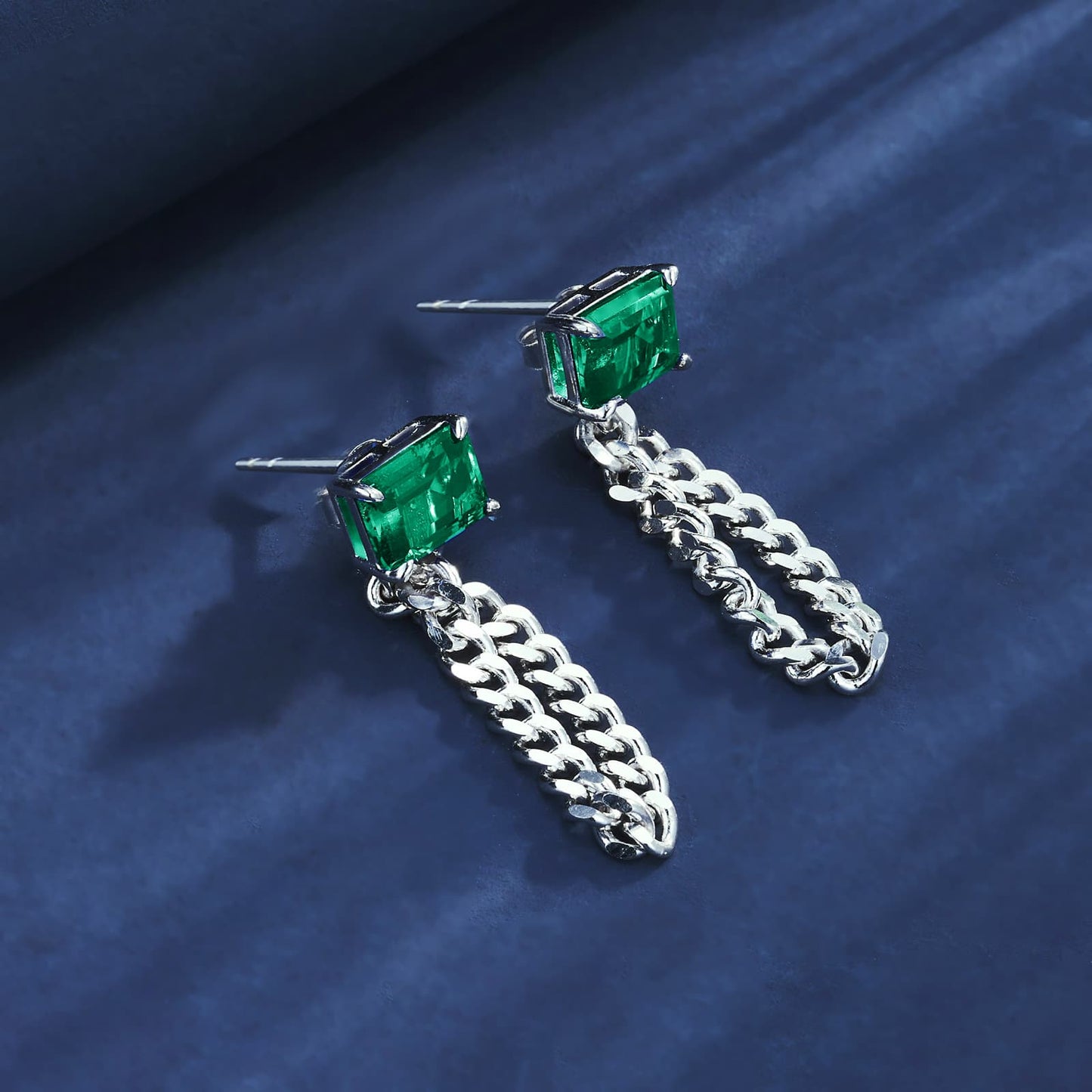 6*8MM Rectangular Lab Emerald Earrings | Rhodium-Plated S925 Silver, Custom Available