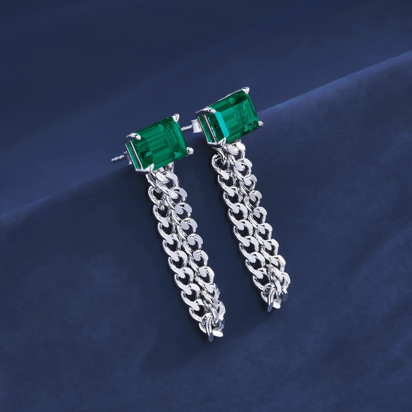 6*8MM Rectangular Lab Emerald Earrings | Rhodium-Plated S925 Silver, Custom Available