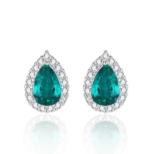 4*6MM 0.8 Ct Pear Shaped Lab Emerald Earrings | Rhodium-Plated S925 Silver, Custom Available