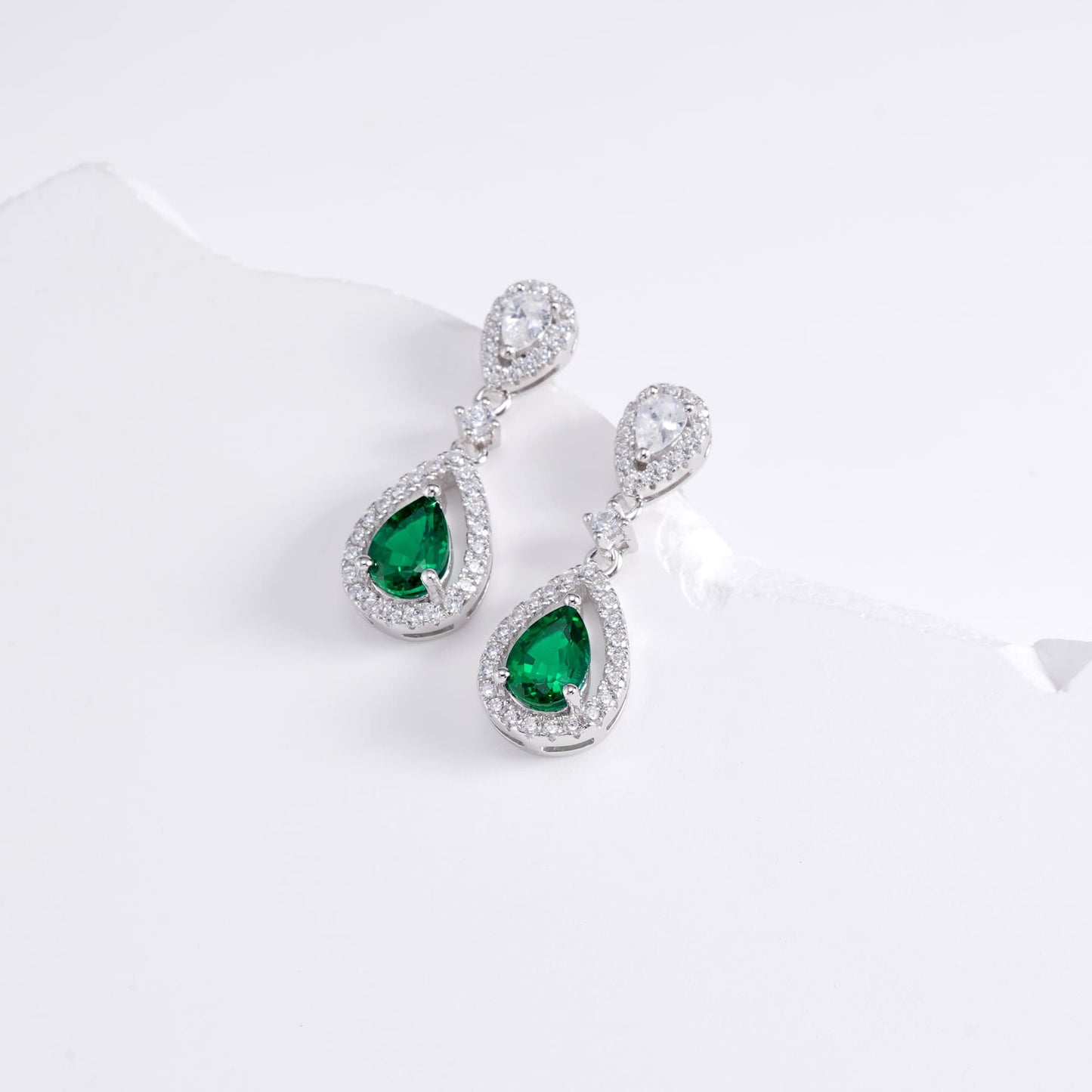 5*7MM 0.85 Ct Pear Shaped Lab Emerald Earrings  | Rhodium-Plated S925 Silver, Custom Available