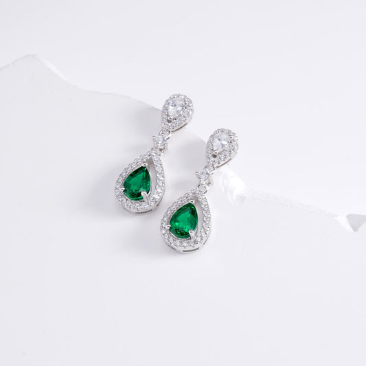 5*7MM 0.85 Ct Pear Shaped Lab Emerald Earrings  | Rhodium-Plated S925 Silver, Custom Available