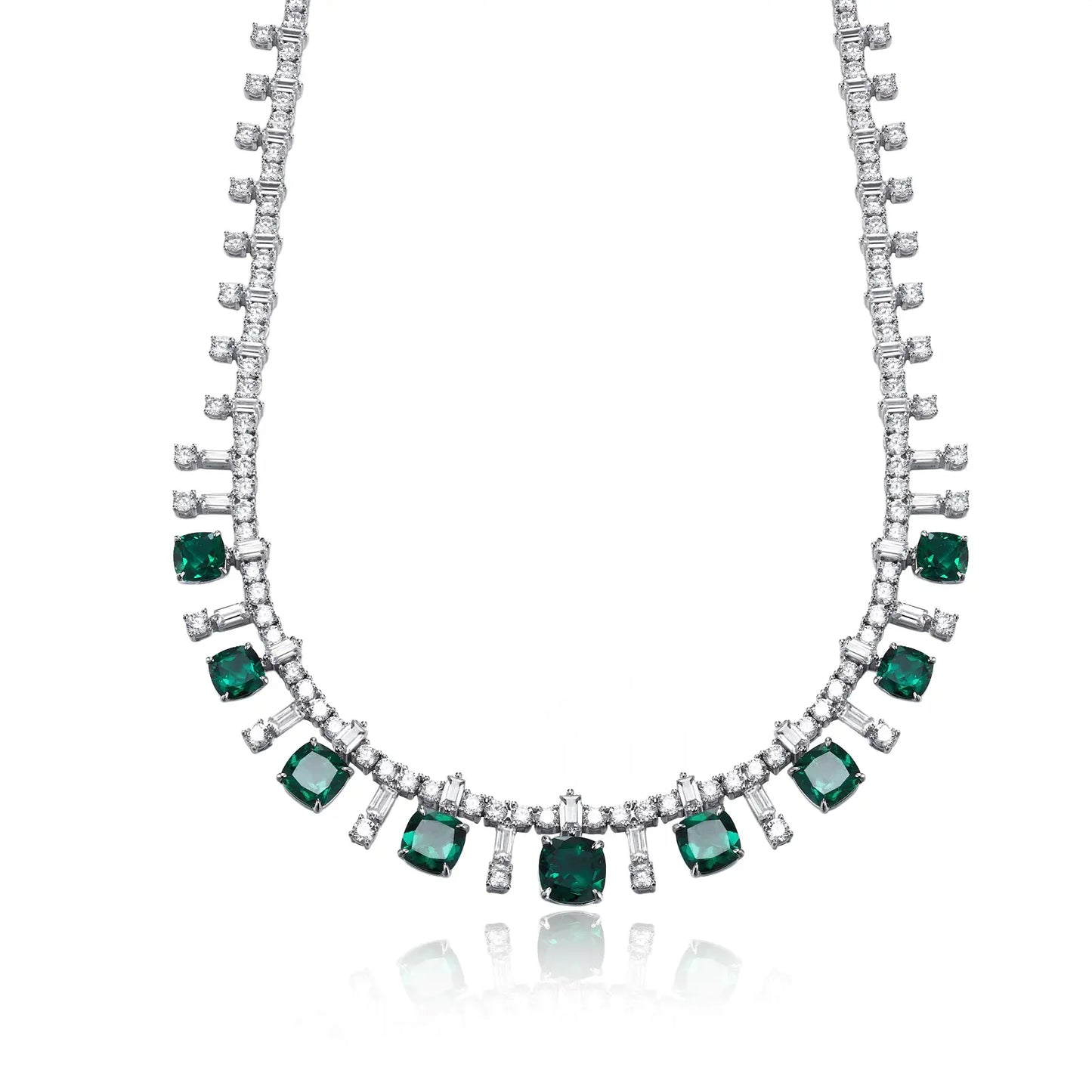 7/8/9mm 14.95ct Cushion Lab Emerald Necklace | Rhodium-Plated S925 Silver, Custom Available