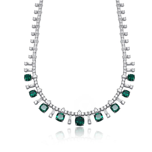 14.95 Ct Emerald cut Lab Emerald Necklace | Rhodium-Plated S925 Silver, Custom Available