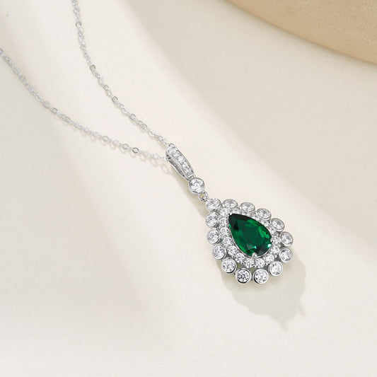 7*11 MM 1.75 Ct Pear Shaped Lab Emerald Necklace| Rhodium-Plated S925 Silver, Custom Available