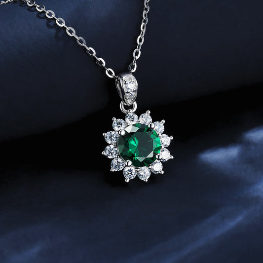 6.5MM 1.1 Ct Round Lab Emerald Necklace| Rhodium-Plated S925 Silver, Custom Available
