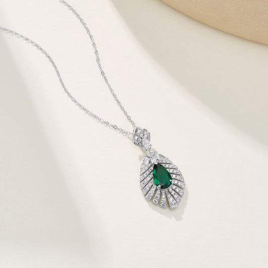 7*11MM 1.79 Ct Pear Shaped Lab Emerald Necklace | Rhodium-Plated S925 Silver, Custom Available