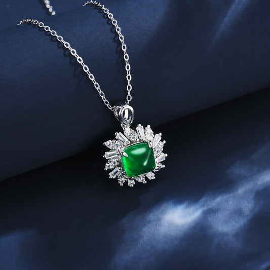 8*8MM 2.6 Ct Square Lab Emerald Necklace| Rhodium-Plated S925 Silver, Custom Available