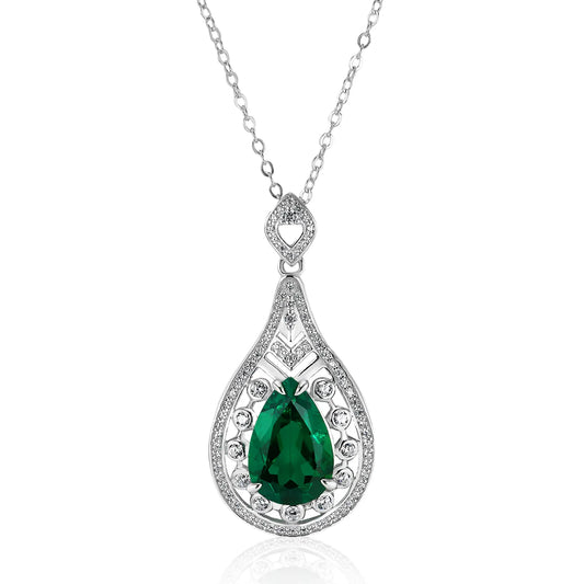 8*12 MM 2.76 Ct Pear Shaped Lab Emerald Necklace| Rhodium-Plated S925 Silver, Custom Available