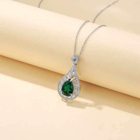 8*12 MM 2.76 Ct Pear Shaped Lab Emerald Necklace| Rhodium-Plated S925 Silver, Custom Available