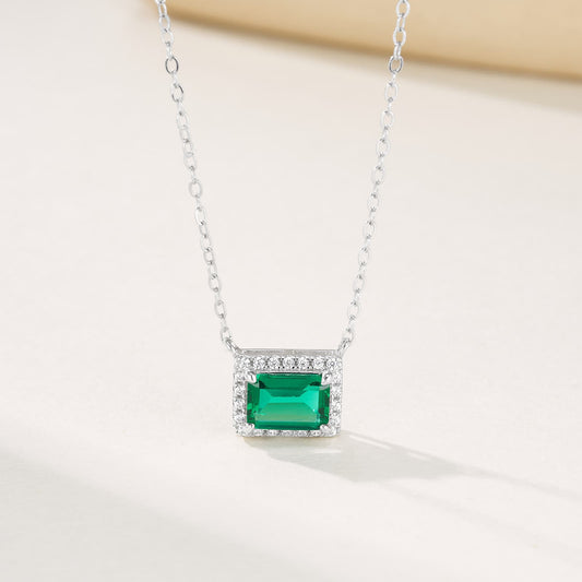 0.9 Ct Rectangle Lab Emerald Necklace | Rhodium-Plated S925 Silver, Custom Available