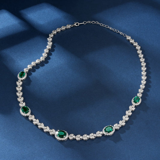 7.44 Ct Oval Lab Emerald Necklace | Rhodium-Plated S925 Silver, Custom Available