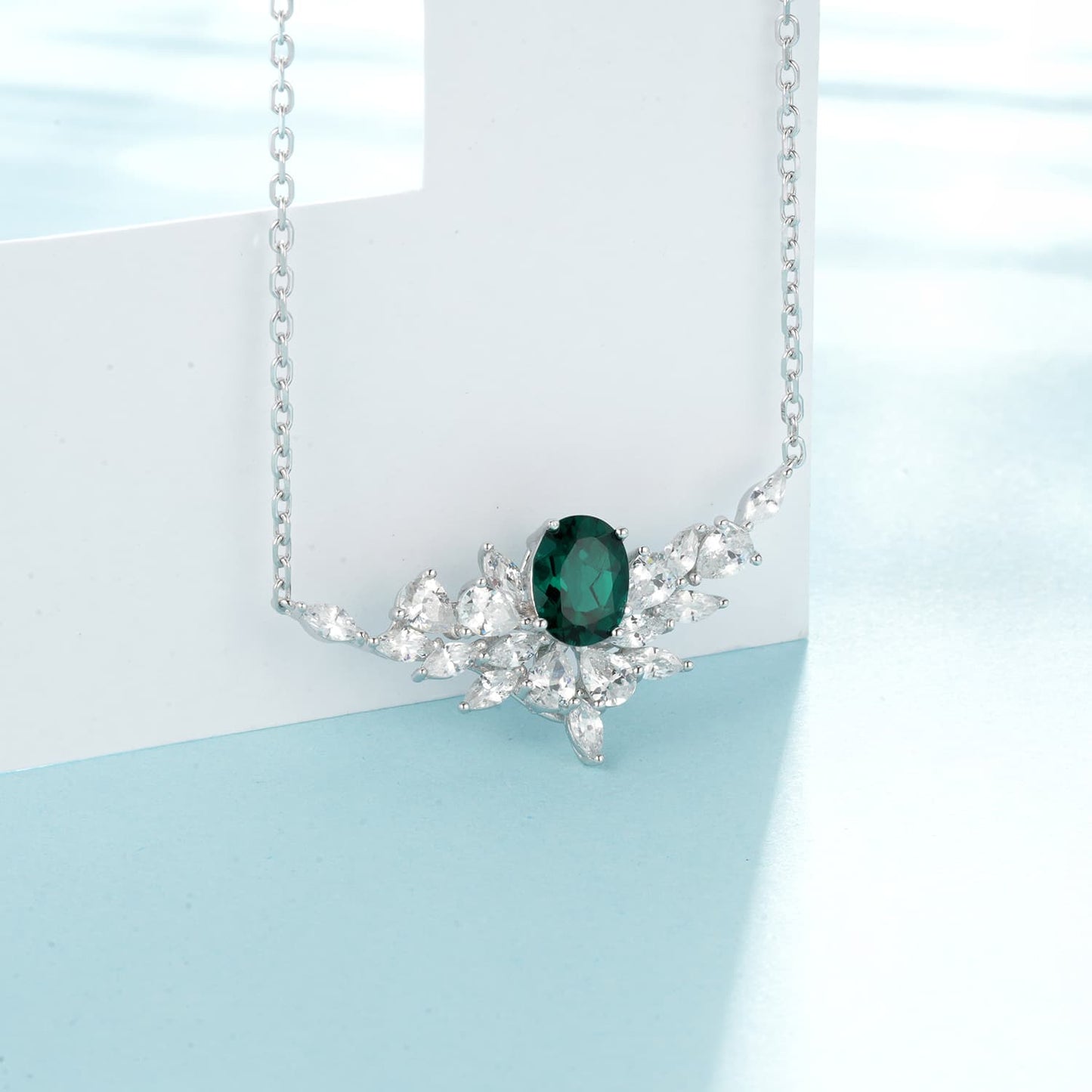 6*8 mm 1.08 Ct Oval Lab Emerald Necklace | Rhodium-Plated S925 Silver, Custom Available