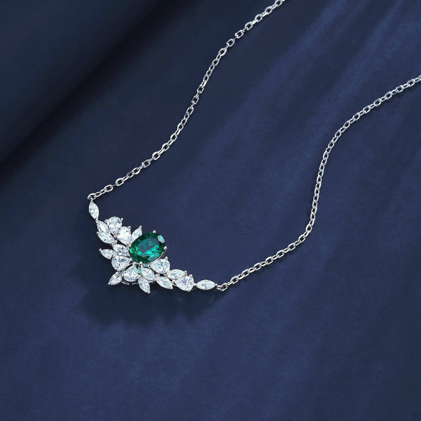 6*8 mm 1.08 Ct Oval Lab Emerald Necklace | Rhodium-Plated S925 Silver, Custom Available