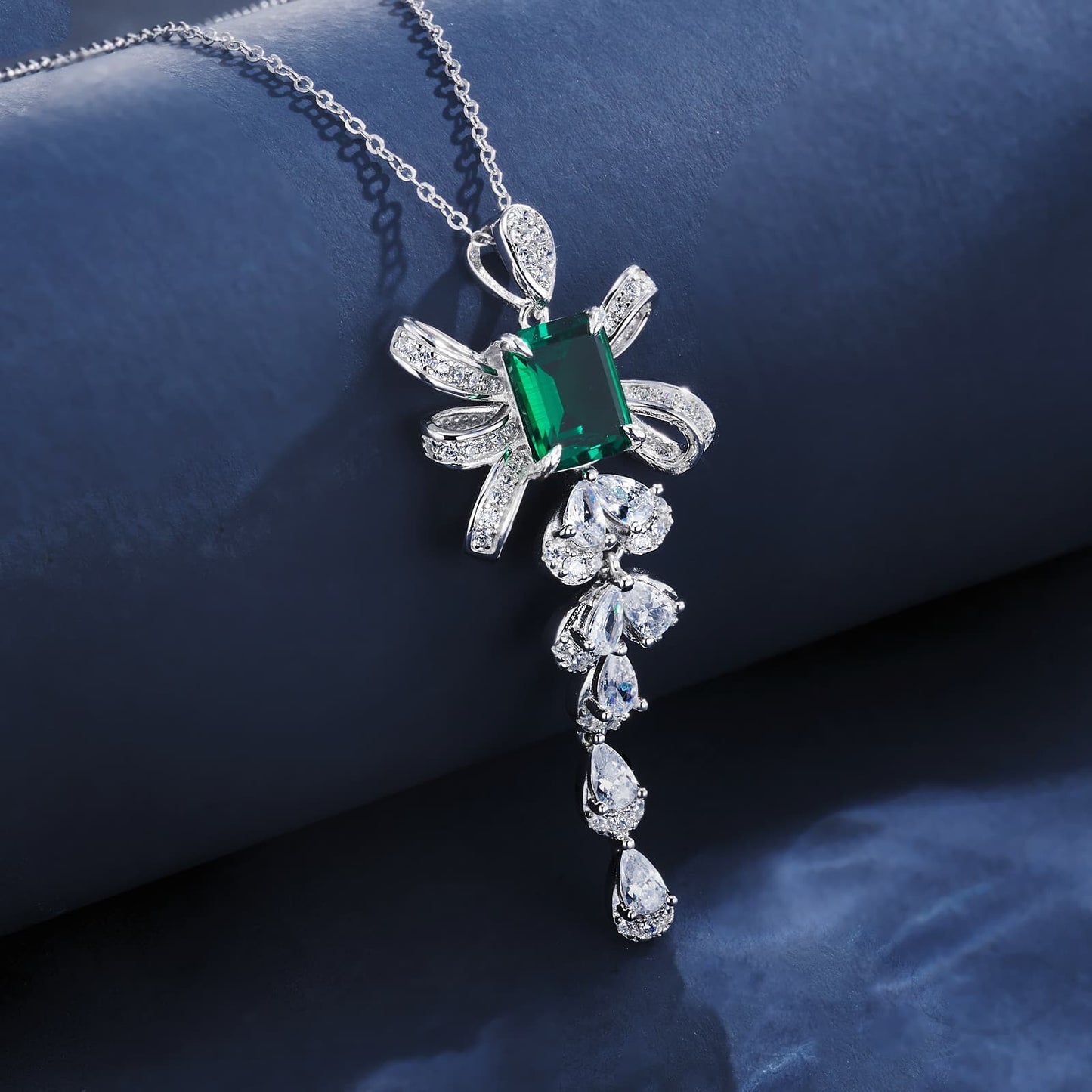 Rectangular Lab Emerald Necklace | Rhodium-Plated S925 Silver, Custom Available