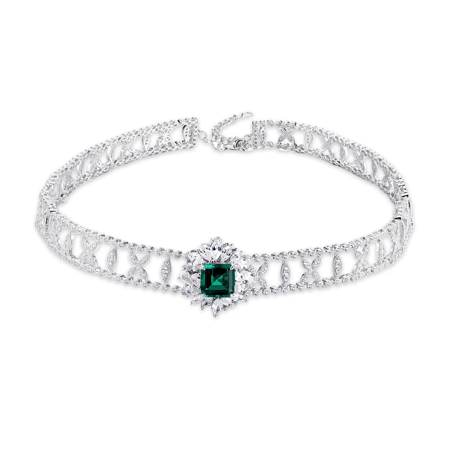 10*10MM 4 Ct Square Lab Emerald Necklace | Rhodium-Plated S925 Silver, Custom Available