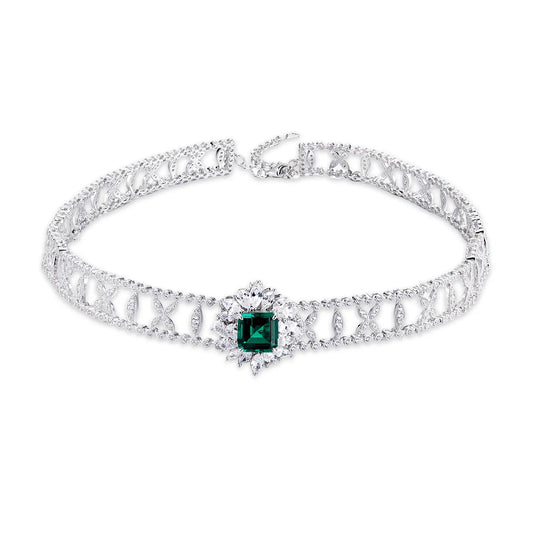 10*10MM 4 Ct Square Lab Emerald Necklace | Rhodium-Plated S925 Silver, Custom Available