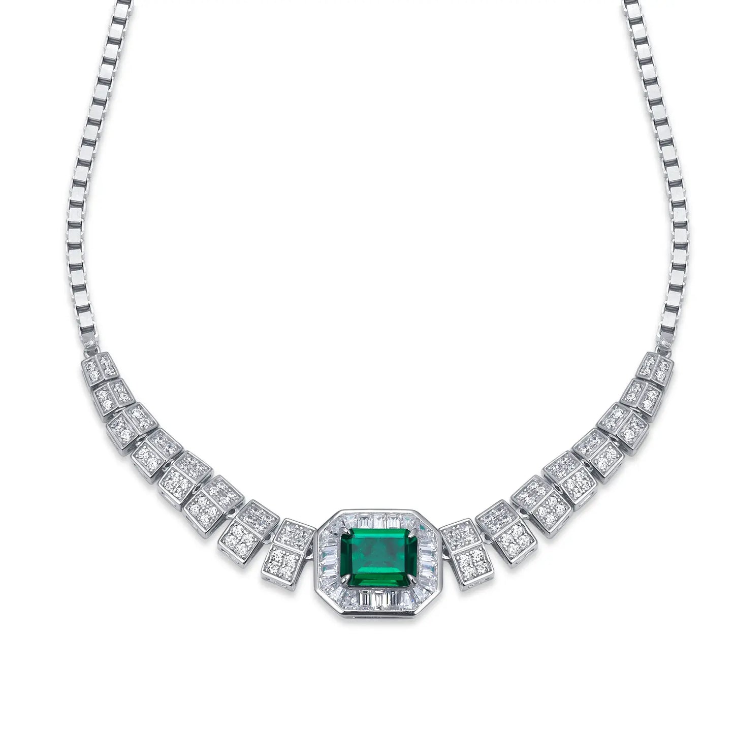 7*9MM 1.53 Ct Rectangular Lab Emerald Necklace | Rhodium-Plated S925 Silver, Custom Available