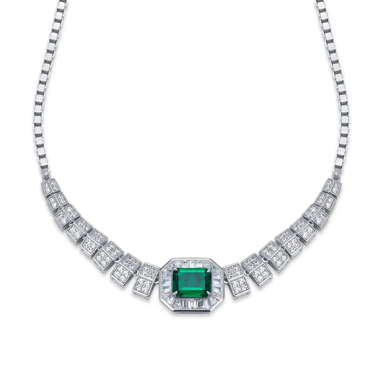 7*9MM 1.53 Ct Rectangular Lab Emerald Necklace | Rhodium-Plated S925 Silver, Custom Available