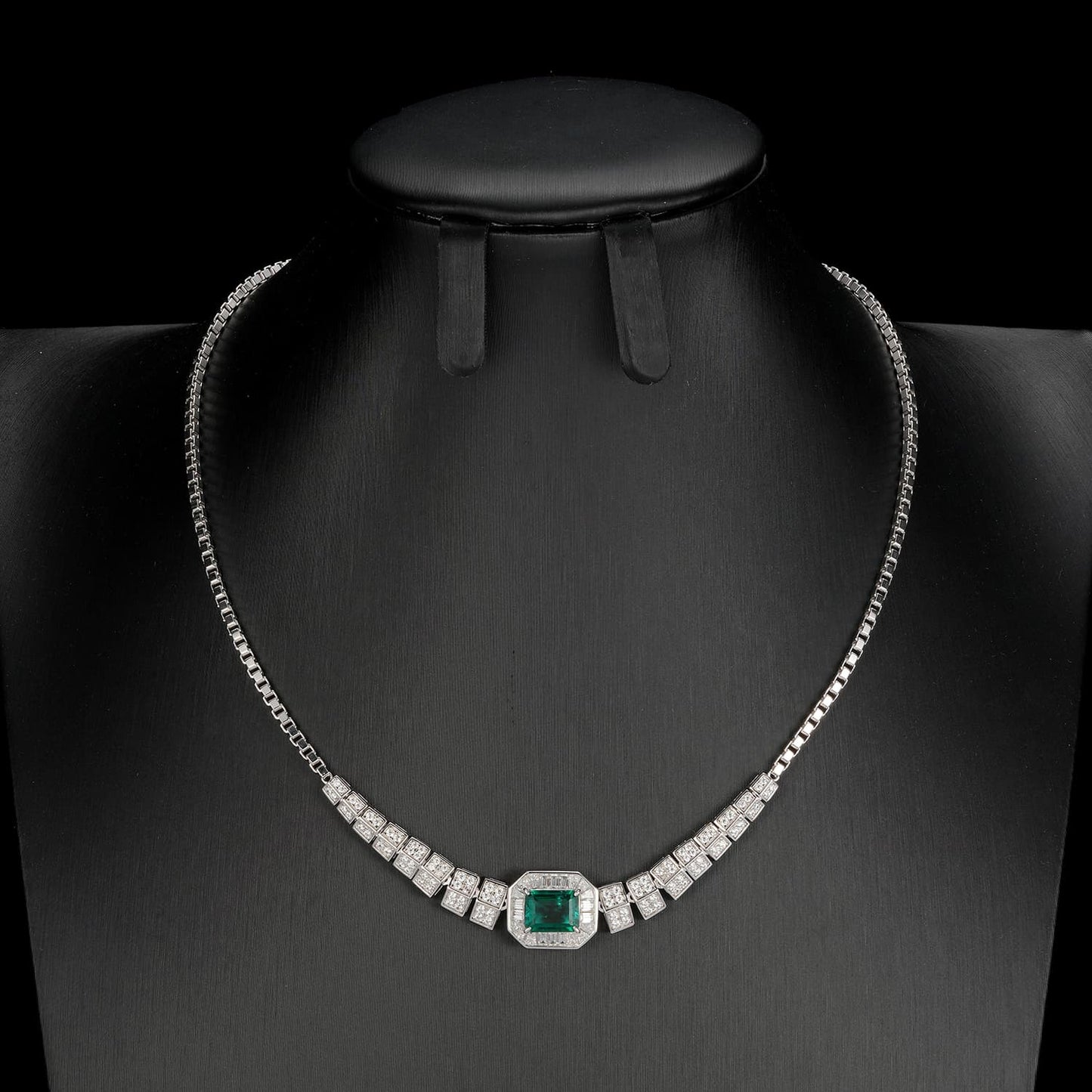 7*9MM 1.53 Ct Rectangular Lab Emerald Necklace | Rhodium-Plated S925 Silver, Custom Available