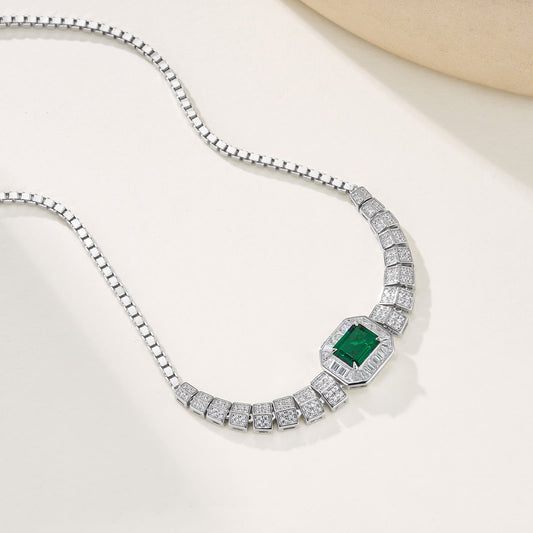 7x9MM 1.53 Ct Rectangle Lab Emerald Necklace | Rhodium-Plated S925 Silver, Custom Available