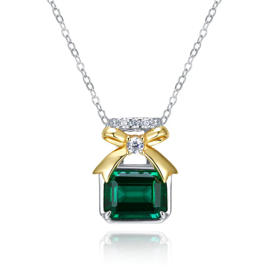 7*9MM 1.8 Ct Rectangular Lab Emerald Necklace | Rhodium-Plated S925 Silver, Custom Available