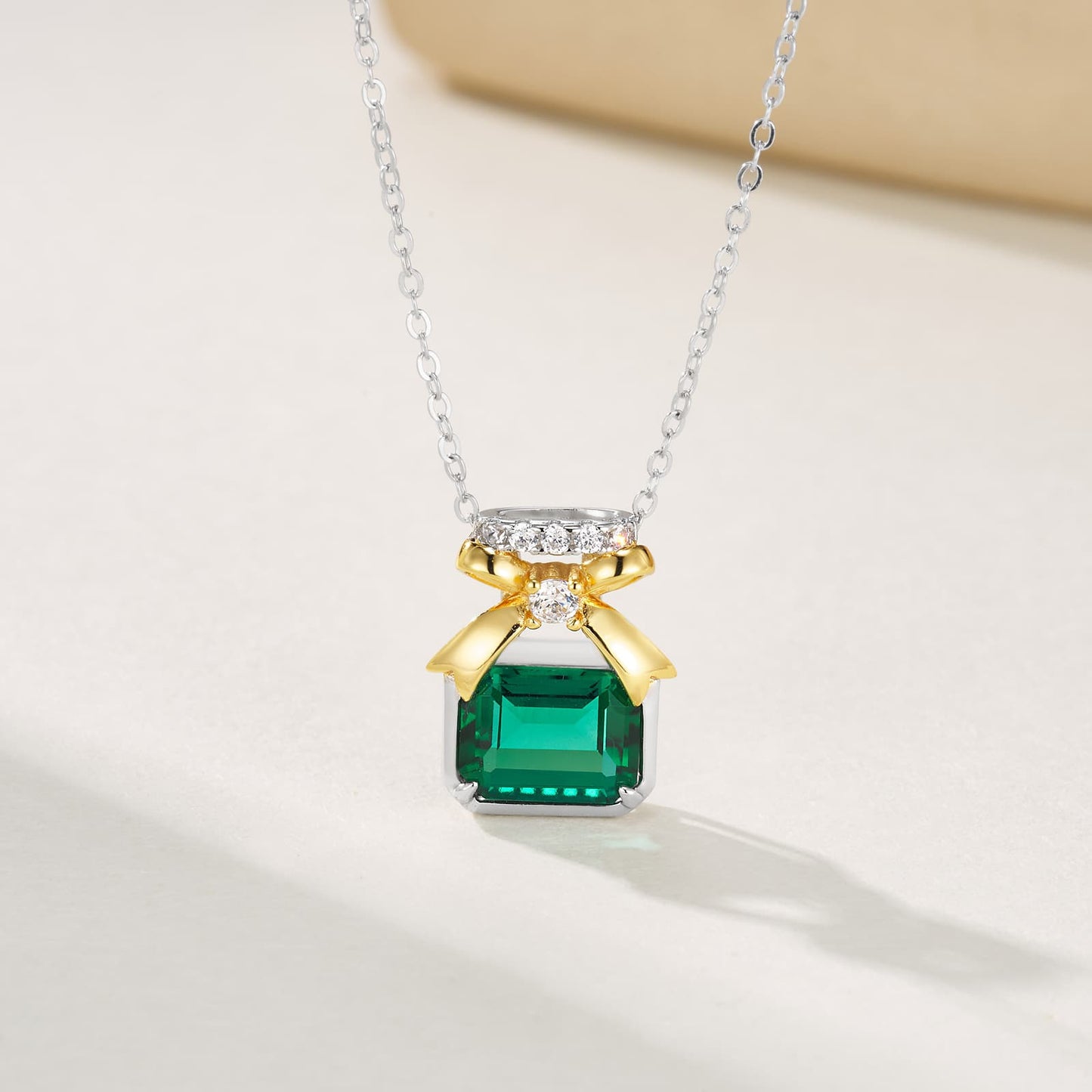 7*9MM 1.8 Ct Rectangular Lab Emerald Necklace | Rhodium-Plated S925 Silver, Custom Available