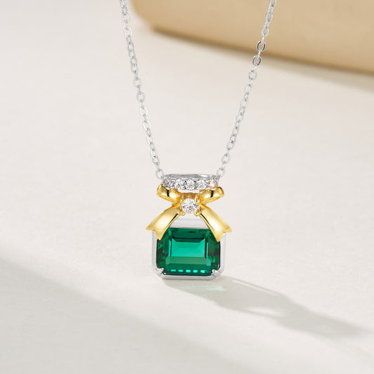 7*9MM 1.8 Ct Rectangular Lab Emerald Necklace | Rhodium-Plated S925 Silver, Custom Available