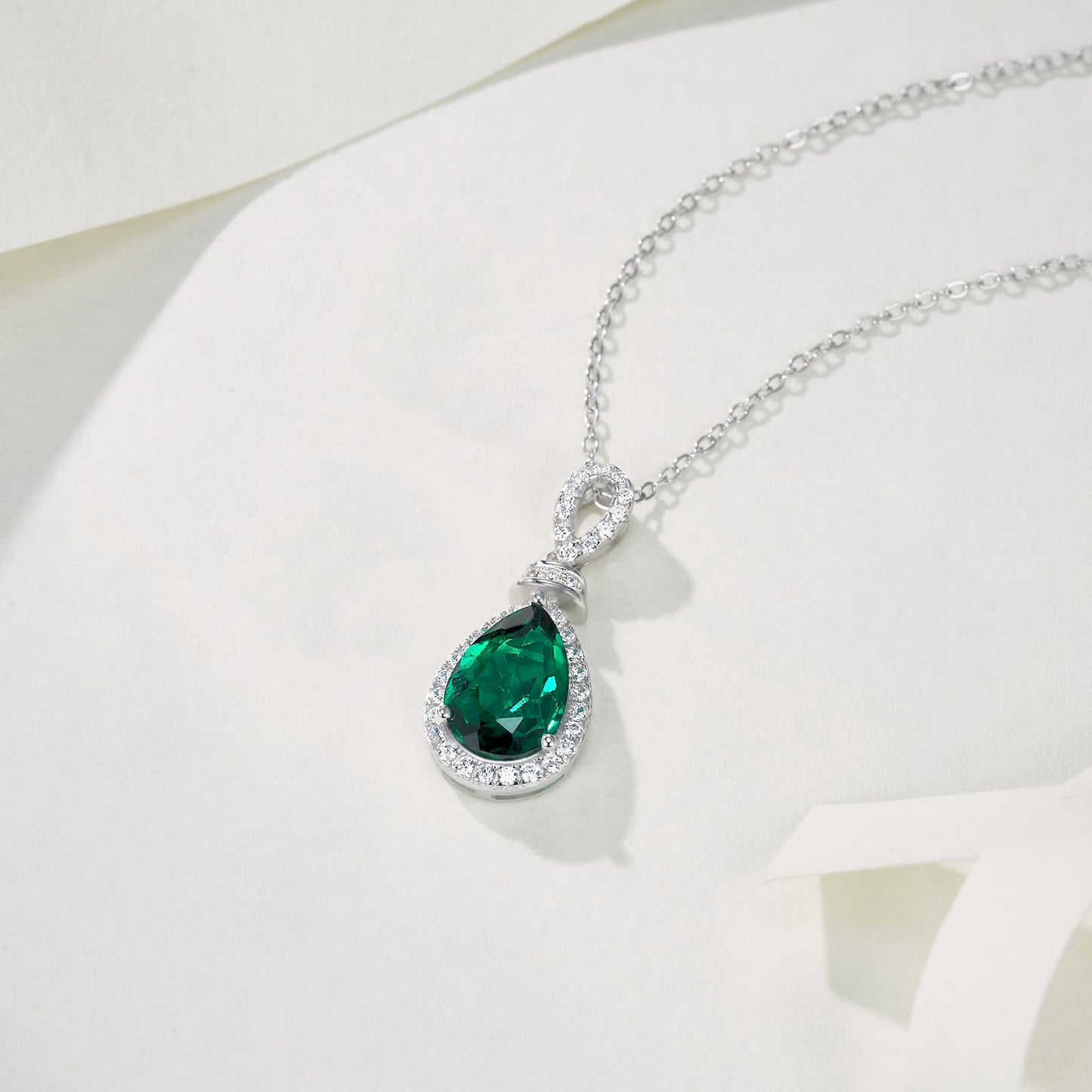 8*12mm 3.2 Ct Pear Shaped Lab Emerald Necklace | Rhodium-Plated S925 Silver, Custom Available
