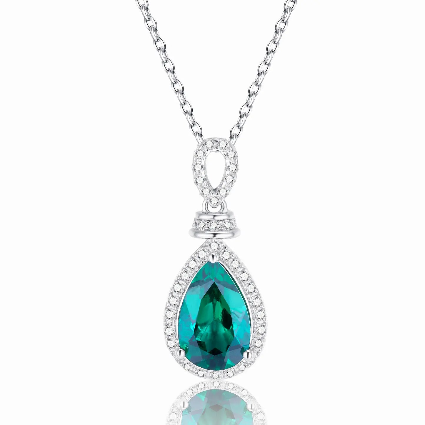 8*12mm 3.2 Ct Pear Shaped Lab Emerald Necklace | Rhodium-Plated S925 Silver, Custom Available