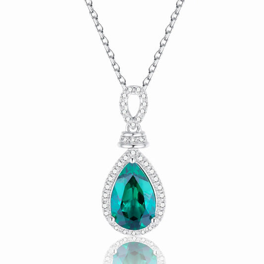 8*12mm 3.2 Ct Pear Shaped Lab Emerald Necklace | Rhodium-Plated S925 Silver, Custom Available